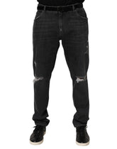 Black Cotton Slim Fit Distressed Ripped Logo Jeans
